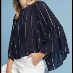 Anthropologie floret Emelyn Navy Blouse with Silver Stripes size Small